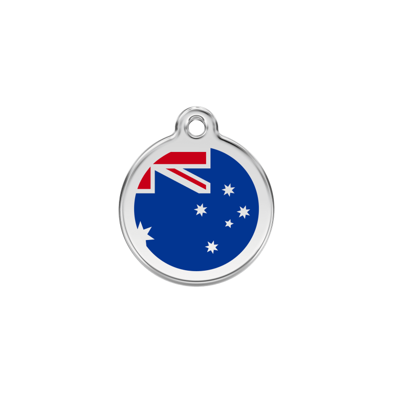 Vue avant - Médaille personnalisée pour chien ou chat - Red Dingo - Drapeau australien - Bleu foncé - Taille S