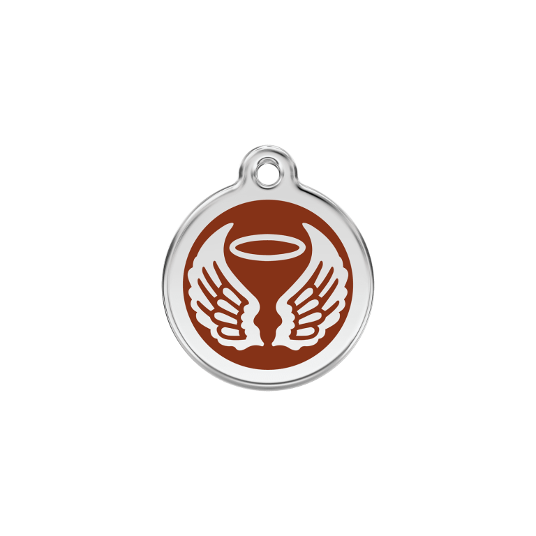 Vue avant - Médaille personnalisée pour chien/chat Red Dingo Émail/Acier inoxydable - Ailes d'anges - Brun - Taille S