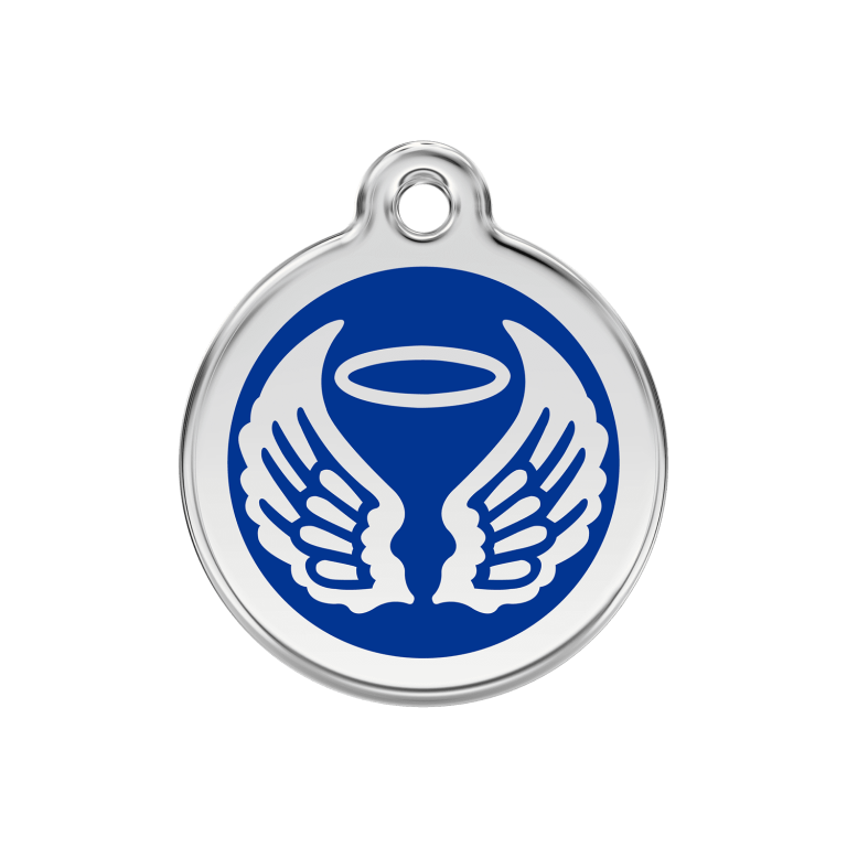 Vue avant - Médaille personnalisée pour chien ou chat Red Dingo Émail et acier inoxydable - Ailes d'anges - Bleu foncé - Taille M