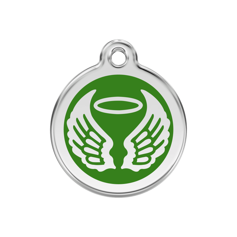Vue avant - Médaille personnalisée pour chien ou chat - Red Dingo Émail et acier inoxydable - Ailes d'anges - Vert - Taille M