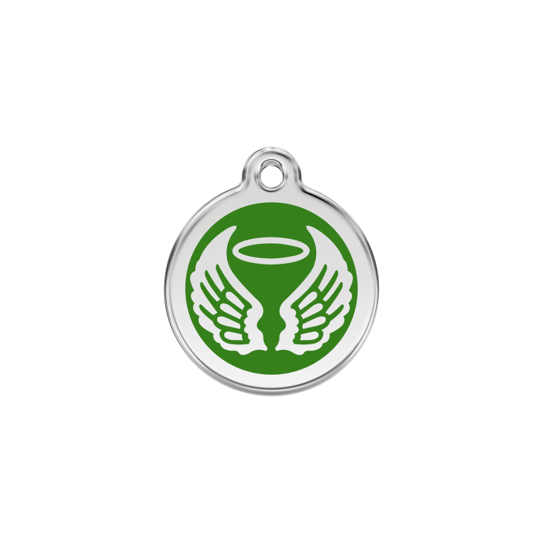 Vue avant - Médaille personnalisable pour chien/chat Red Dingo Émail/Acier inoxydable - Ailes d'anges Vert - Taille S