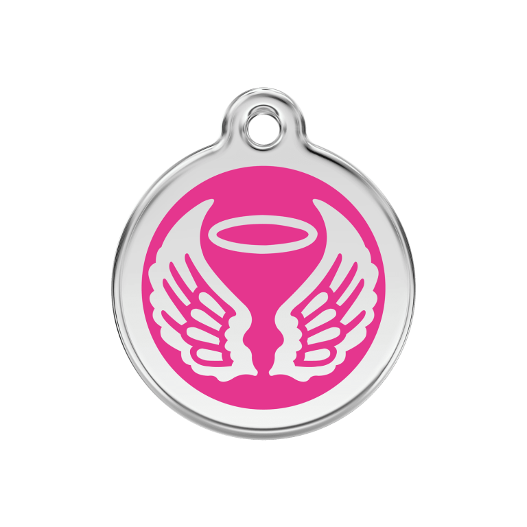Vue avant - Médaille personnalisable pour chien Red Dingo Émail et acier inoxydable - Ailes d'anges - Rose vif - Taille M