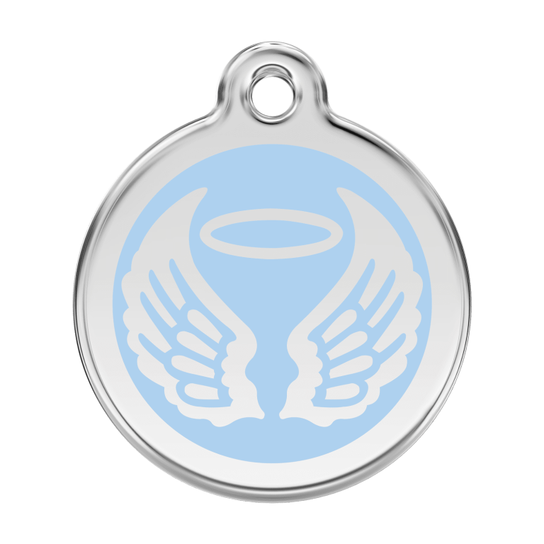 Vue avant - Médaille personnalisée pour chien Red Dingo Émail et acier inoxydable - Ailes d'anges - Bleu clair - Taille L