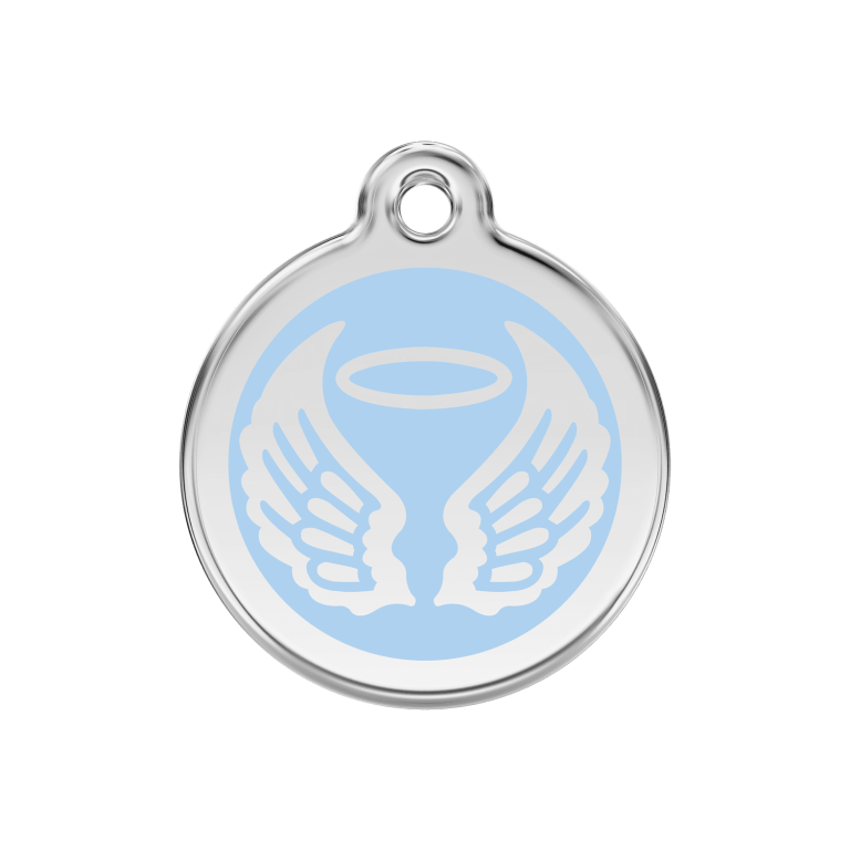 Vue avant - Médaille personnalisée pour chien Red Dingo Émail et acier inoxydable - Ailes d'anges - Bleu clair - Taille M