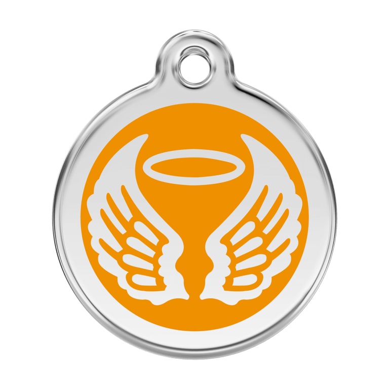 Vue avant - Médaille personnalisable pour chien Red Dingo Émail et acier inoxydable - Ailes d'anges - Orange - Taille L