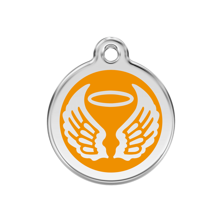 Vue avant - Médaille personnalisée pour chien Red Dingo Émail et acier inoxydable - Ailes d'anges - Orange - Taille M