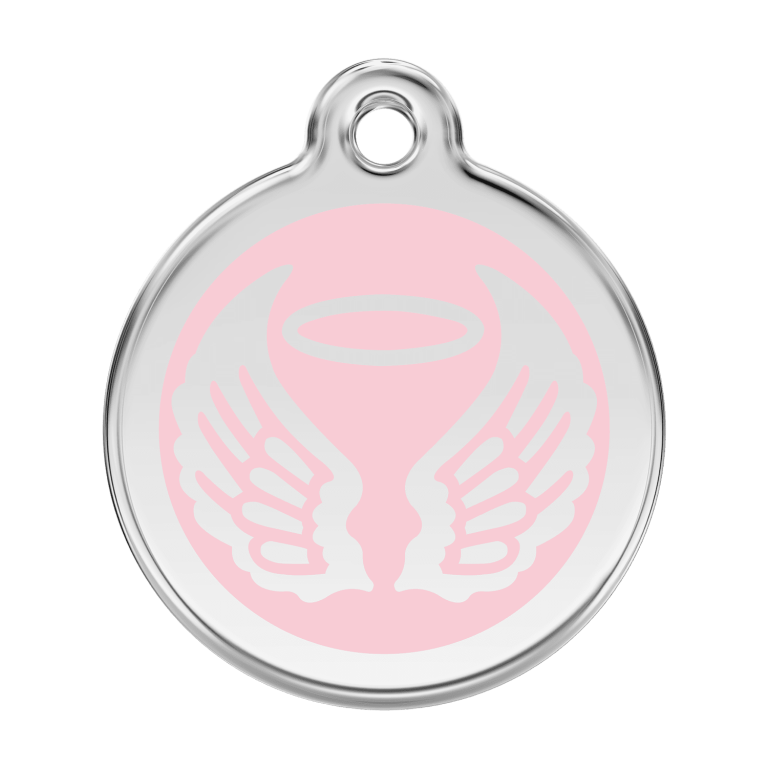 Vue avant - Médaille personnalisée pour chien - Red Dingo Émail et acier inoxydable - Ailes d'anges - Rose - Taille L