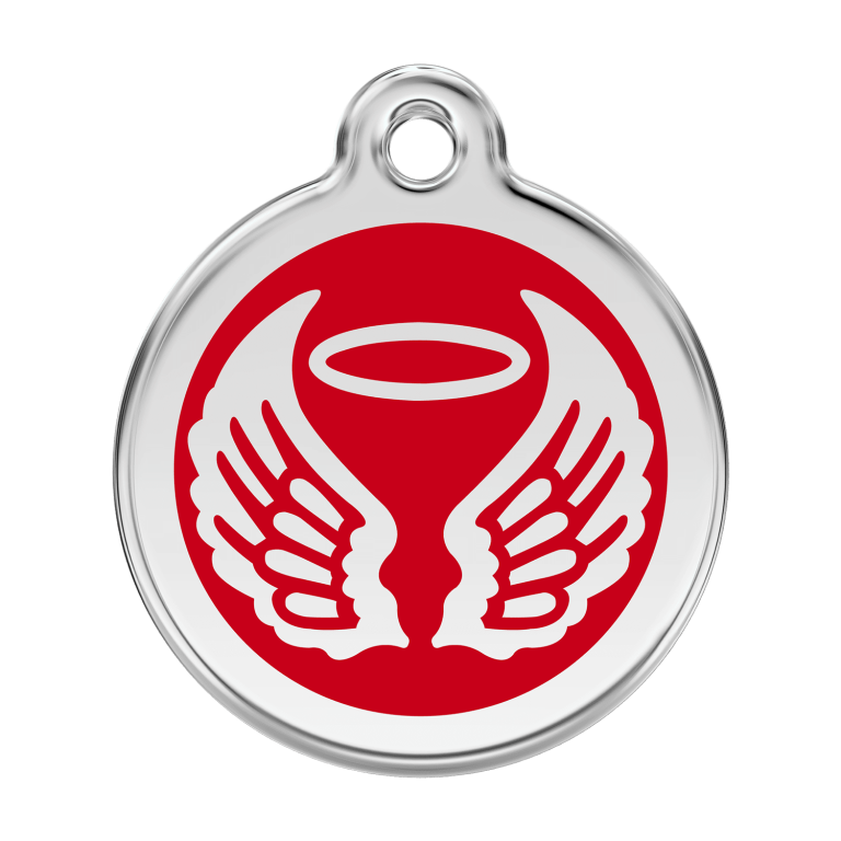 Vue avant - Médaille personnalisée pour chien Red Dingo Émail et acier inoxydable - Ailes d'anges - Rouge - Taille L