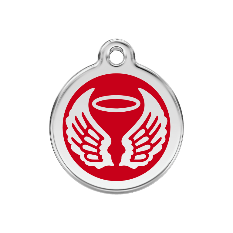 Vue avant - Médaille personnalisée pour chien Red Dingo Émail et acier inoxydable - Ailes d'anges - Rouge - Taille M