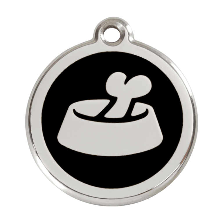 Vue avant - Médaille personnalisée pour chien en émail et acier inoxydable - Red Dingo - Motif os dans un bol - Noir - Taille L