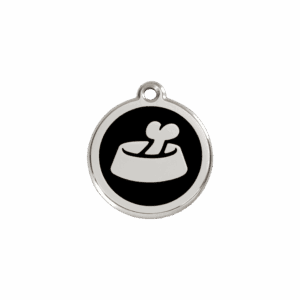 Médaille chat ou petit chien Émail/Acier inoxydable Os dans un bol Noir S 20mm