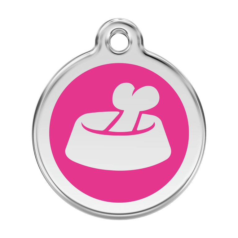 Vue avant - Médaille personnalisée pour chien Red Dingo Émail et acier inoxydable - Motif os dans un bol - Rose vif - Taille L
