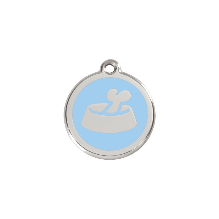 Vue avant - Médaille personnalisable pour chien/chat Red Dingo Émail/Acier inoxydable Os dans un bol Bleu clair - Taille S