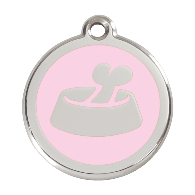 Vue avant - Médaille personnalisée pour chien Red Dingo Émail et acier inoxydable - Os rose - Taille L - 01-BB-PK-LG