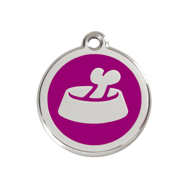 Vue avant - Médaille personnalisable pour chien ou chat - Red Dingo Émail et acier inoxydable Os dans un bol Violet - Taille M