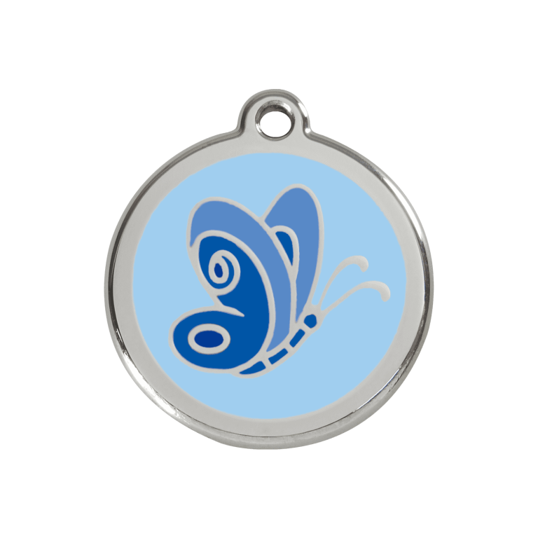Vue avant - Médaille personnalisée pour chien/chat Red Dingo Émail et acier inoxydable Papillon Bleu clair 30.00mm