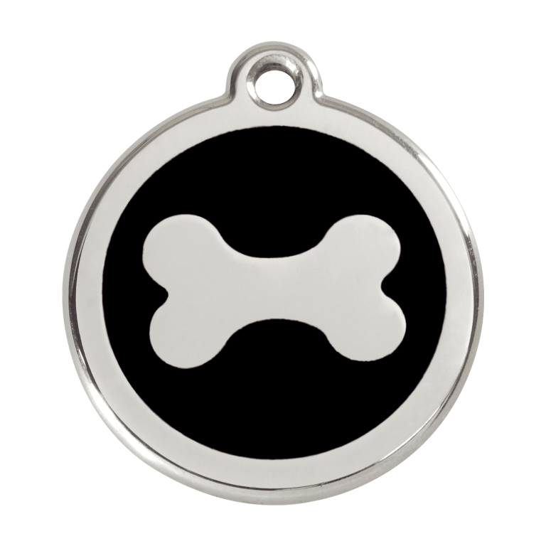 Vue avant - Médaille personnalisable Red Dingo Émail et acier inoxydable - Os noir - Taille L
