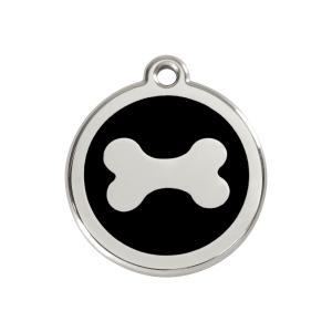 Médaille chien Os noir M 30mm - Émail et acier inoxydable