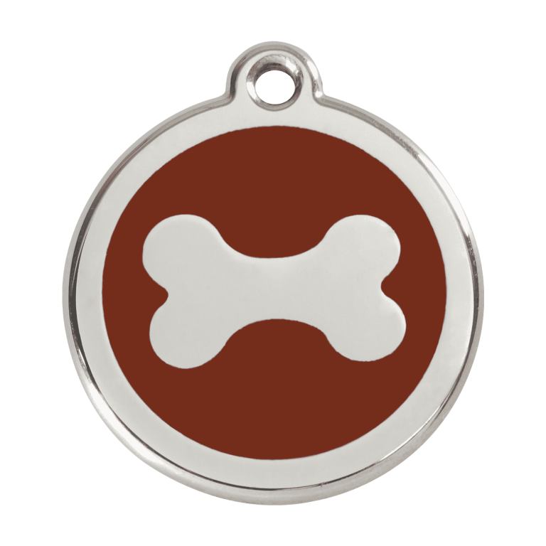 Vue avant - Médaille personnalisée pour chien Red Dingo en émail et acier inoxydable - Os brun - Taille L
