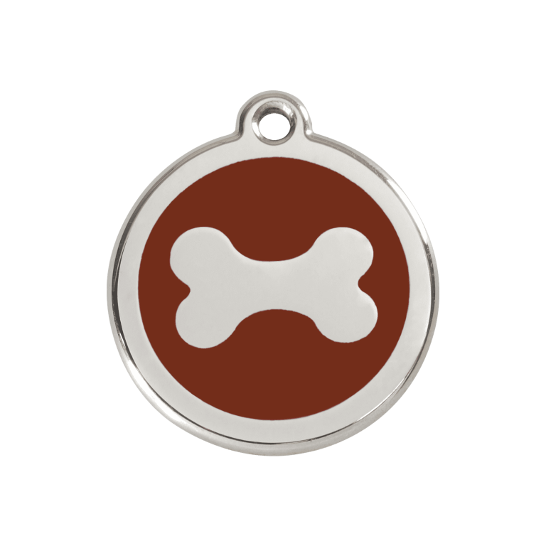Vue avant - Médaille personnalisable pour chien Red Dingo en émail et acier inoxydable - Motif os brun - Taille M