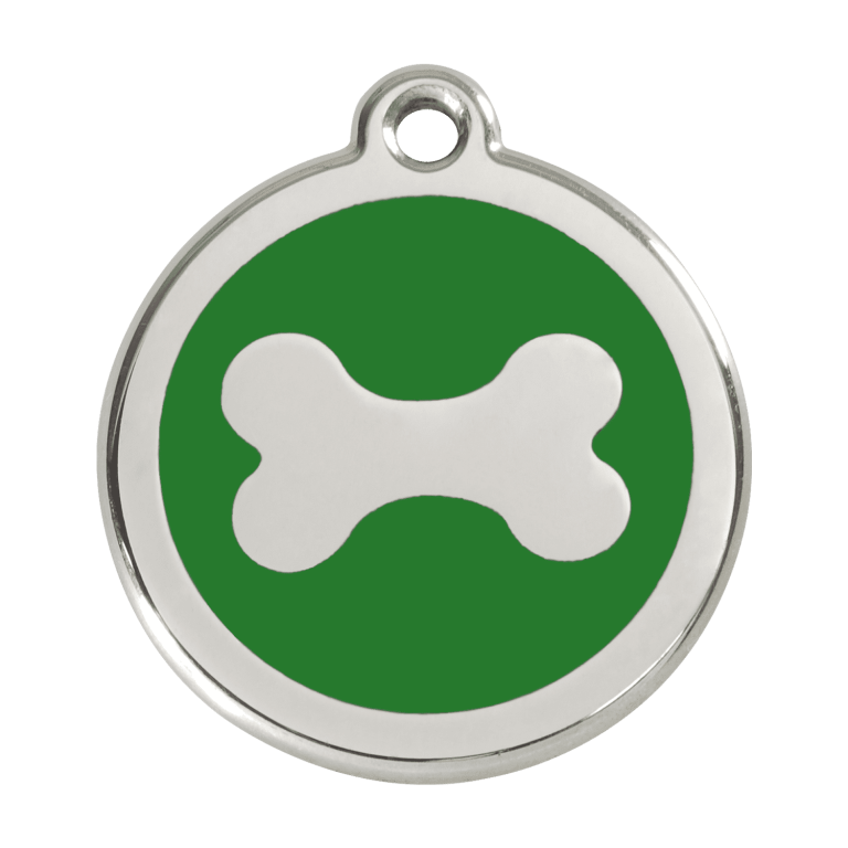 Vue avant - Médaille personnalisable pour chien en acier inoxydable - Os vert - Red Dingo - Taille L