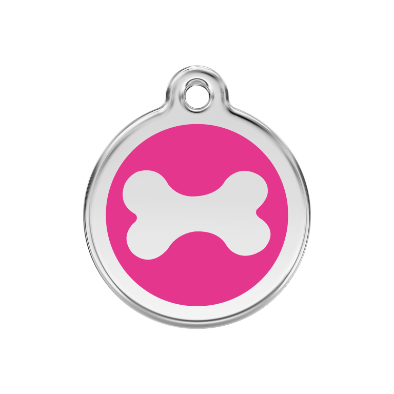 Vue avant - Médaille personnalisée pour chien Red Dingo Émail et acier inoxydable - Os rose vif - Taille M 30.00mm