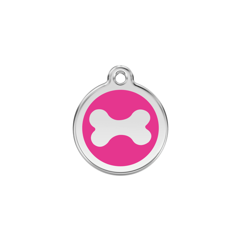 Vue avant - Médaille personnalisable en émail et acier inoxydable pour chat - Os rose vif - Red Dingo