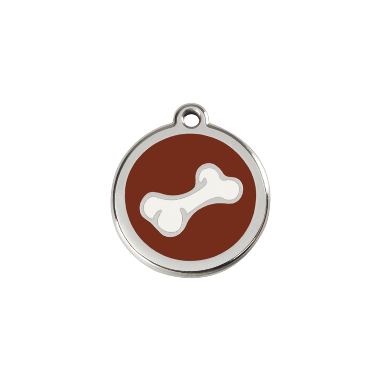 Vue avant - Médaille personnalisée pour chien/chat Red Dingo - Os brun en émail et acier inoxydable - Taille S