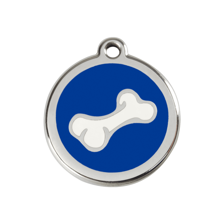 Vue avant - Médaille personnalisée pour chien en émail et acier inoxydable - Red Dingo - Os bleu foncé - Taille M