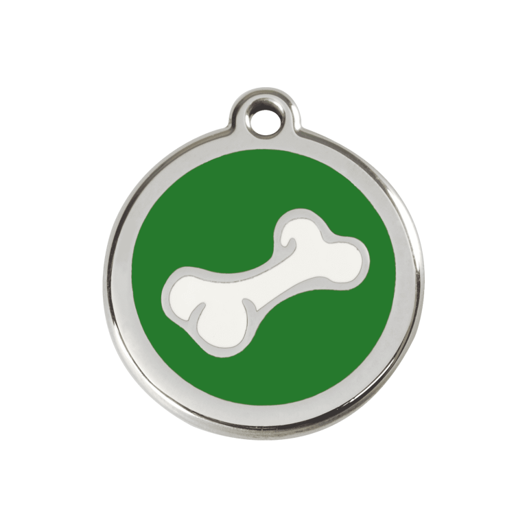 Vue avant - Médaille personnalisée pour chien Red Dingo - Os vert en émail et acier inoxydable - Taille M