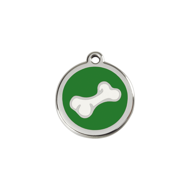 Vue avant - Médaille personnalisée pour chien/chat Red Dingo Émail et acier inoxydable - Os vert - Taille S