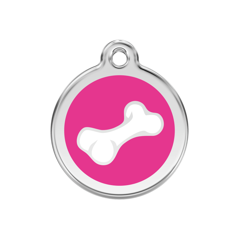 Vue avant - Médaille personnalisée pour chien Red Dingo Émail et acier inoxydable Os rose vif - Taille M