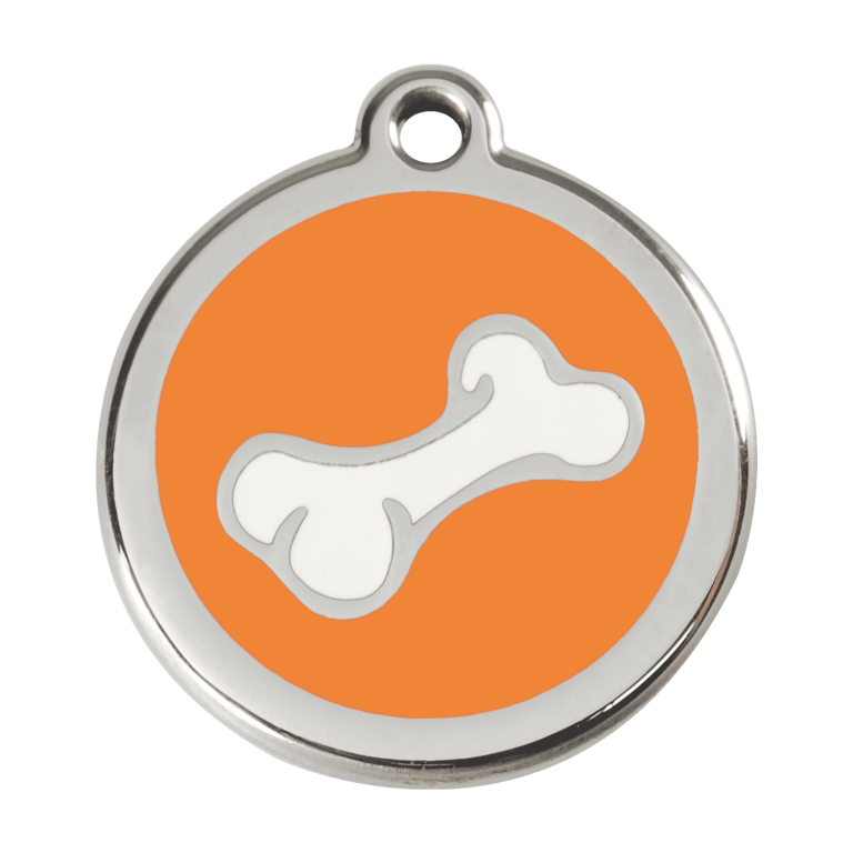 Vue avant - Médaille personnalisée pour chien Red Dingo en émail et acier inoxydable - Os orange - Taille L