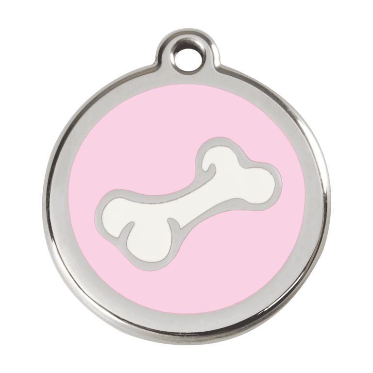 Vue avant - Médaille personnalisée pour chien Red Dingo Émail et acier inoxydable Os rose - Taille L