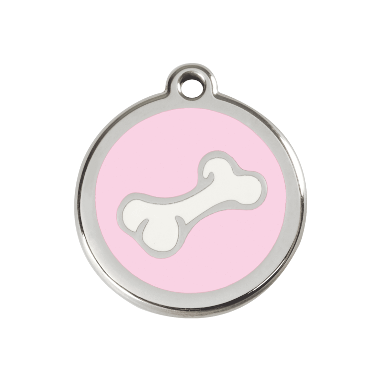 Vue avant - Médaille personnalisée pour chien ou chat - Red Dingo Émail et acier inoxydable - Motif os rose - Taille M