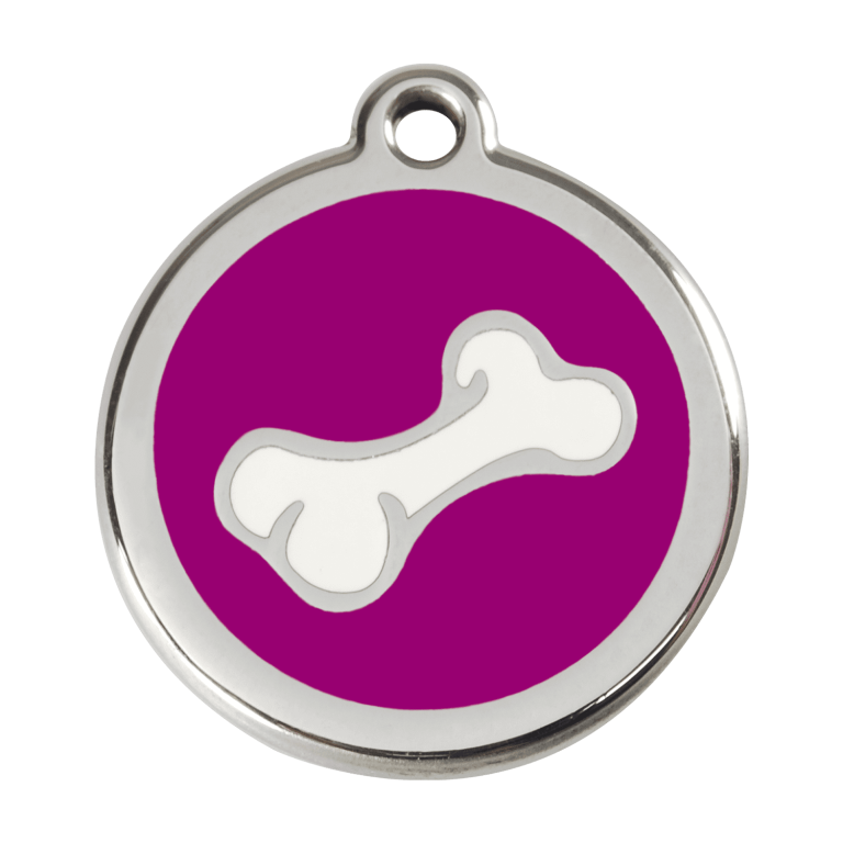 Vue avant - Médaille personnalisée pour chien - Red Dingo Émail et acier inoxydable - Os violet - Taille L