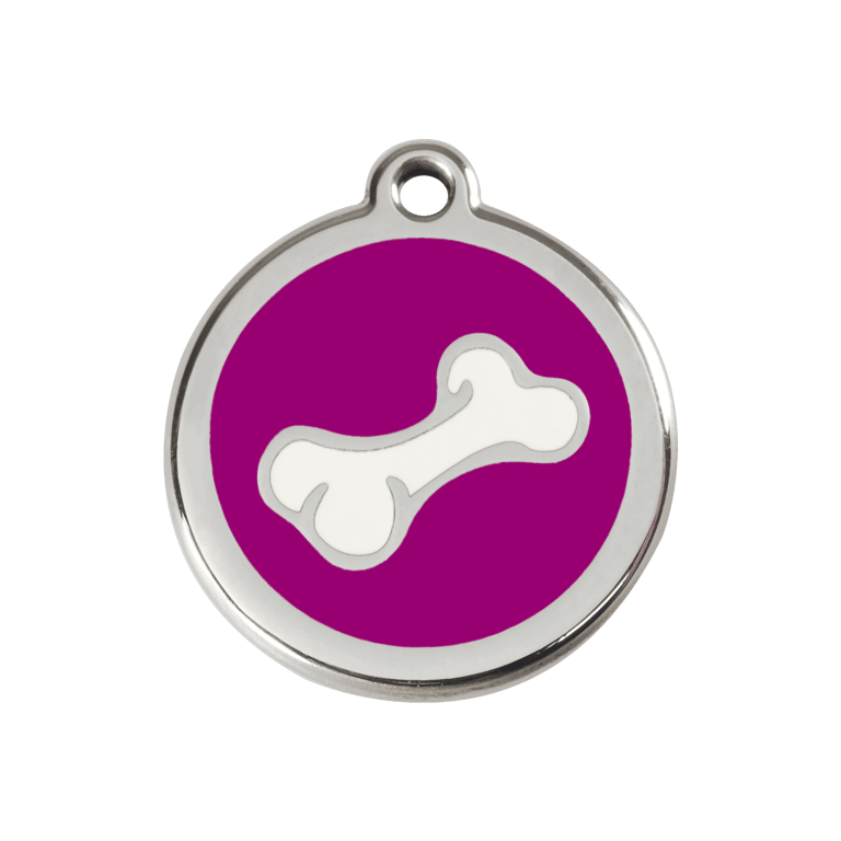 Vue avant - Médaille personnalisée pour chien/chat Red Dingo Émail/Acier Inoxydable Os Violet 30mm - Marque Red Dingo
