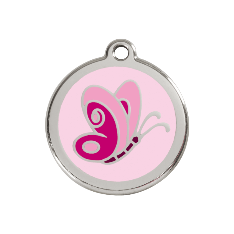 Vue avant - Médaille personnalisée pour chien/chat Red Dingo Émail/Acier inoxydable Papillon Rose 30mm