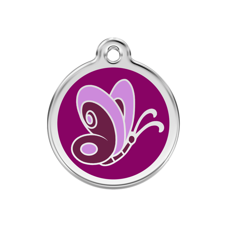 Vue avant - Médaille personnalisable pour chien Red Dingo Émail et acier inoxydable Papillon Violet 30.00mm