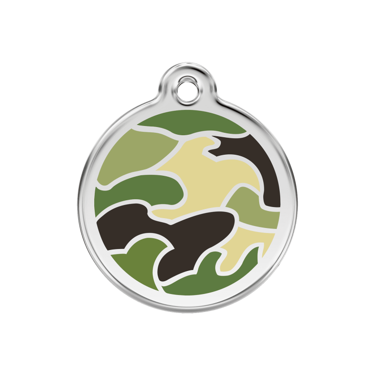 Vue avant - Médaille personnalisée pour chien Red Dingo Émail et acier inoxydable motif camouflage vert - Taille M