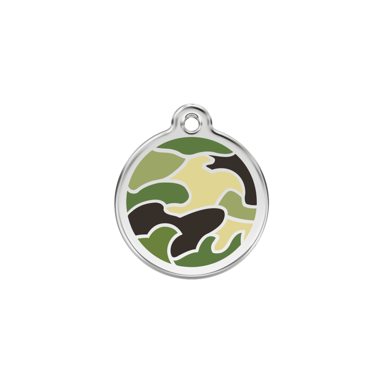 Vue avant - Médaille personnalisée pour chien/chat Red Dingo Émail et acier inoxydable - Camouflage vert - Taille S