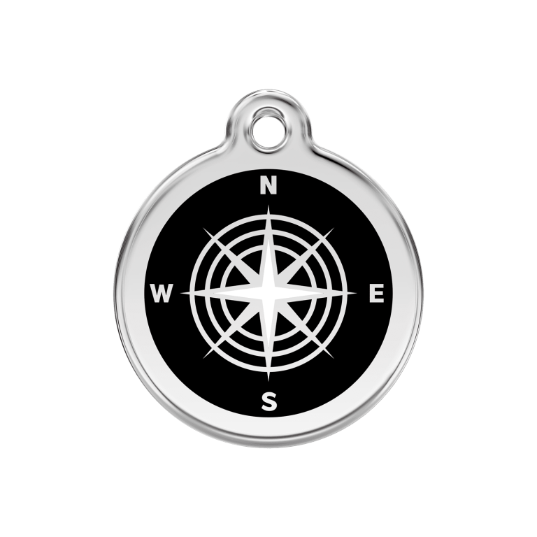 Vue avant - Médaille personnalisée pour chien Red Dingo Émail et acier inoxydable - Motif boussole - Noir - Taille M - 30mm