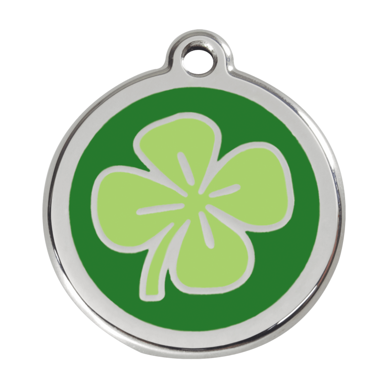 Vue avant - Médaille personnalisée pour chien Red Dingo - Trèfle vert - Taille L - Gravure incluse