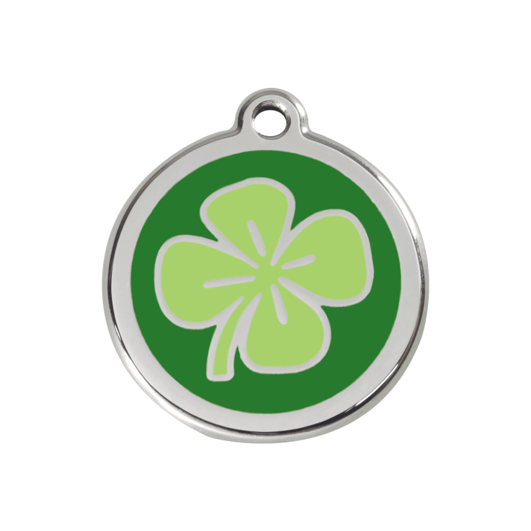 Vue avant - Médaille personnalisée pour chien/chat Red Dingo - Émail et acier inoxydable - Motif trèfle vert - Taille M