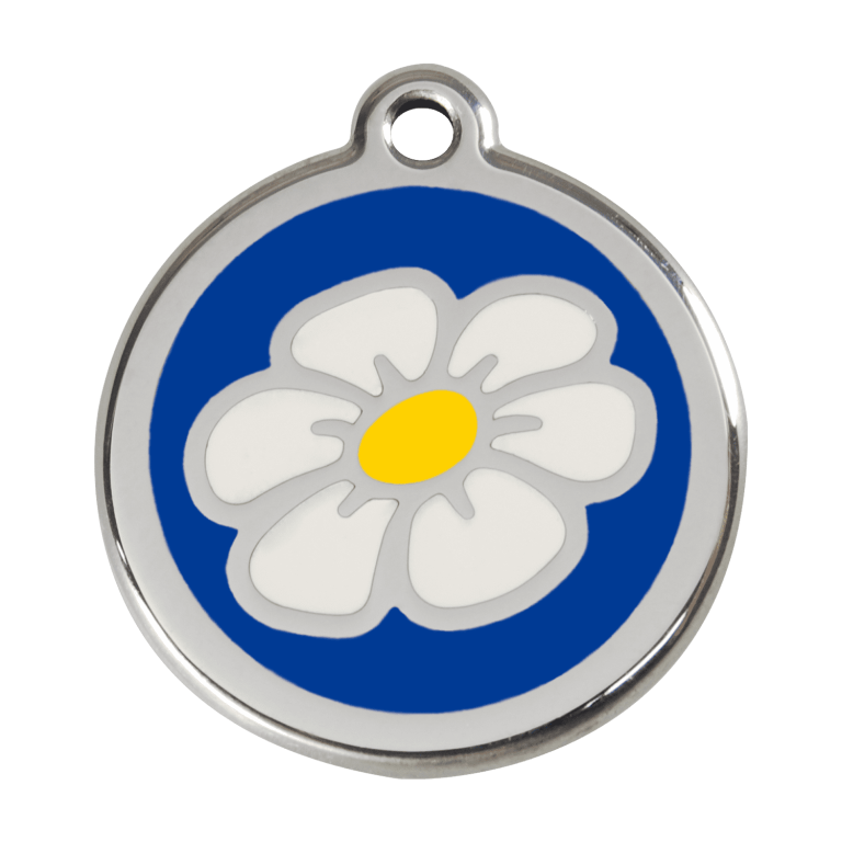 Vue avant - Médaille personnalisée pour chien - Red Dingo Émail et acier inoxydable Marguerite Bleu foncé - Taille L