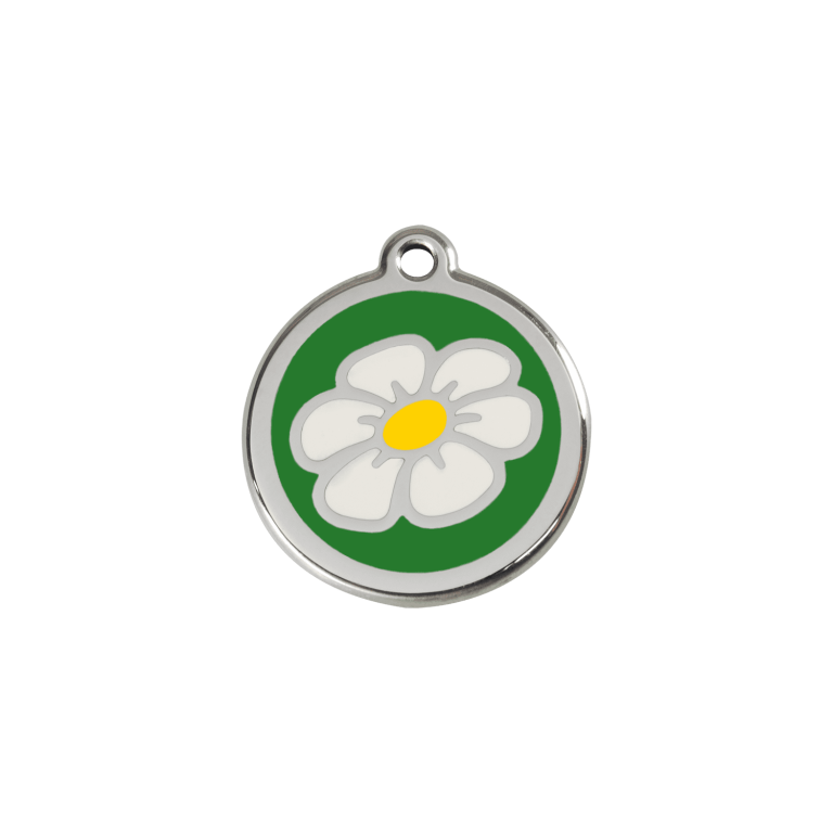 Vue avant - Médaille personnalisée pour chien/chat - Marguerite verte en émail et acier inoxydable - Red Dingo - Taille S