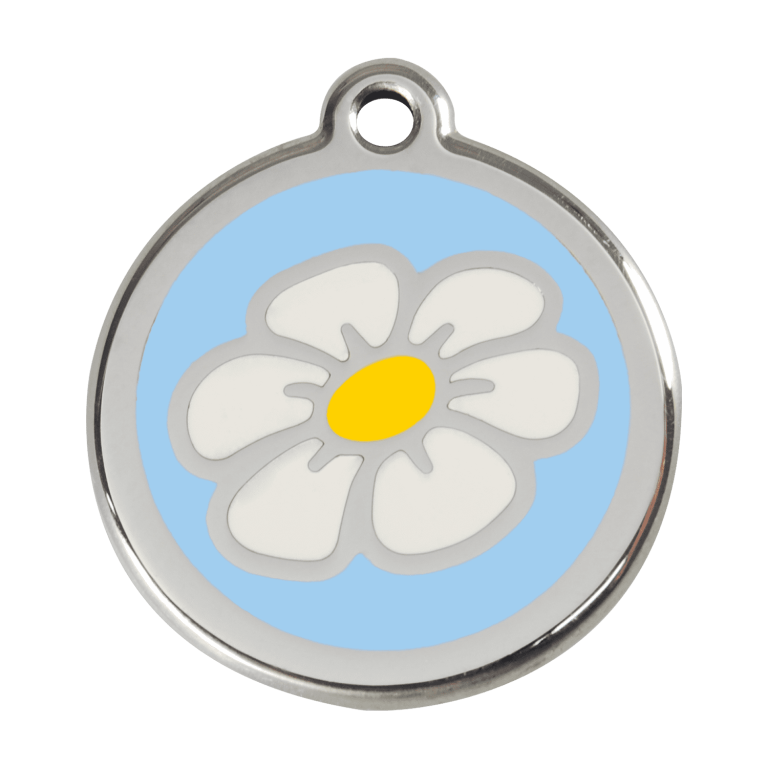 Vue avant - Médaille personnalisée pour chien Red Dingo Émail et acier inoxydable Marguerite Bleu clair - Taille L
