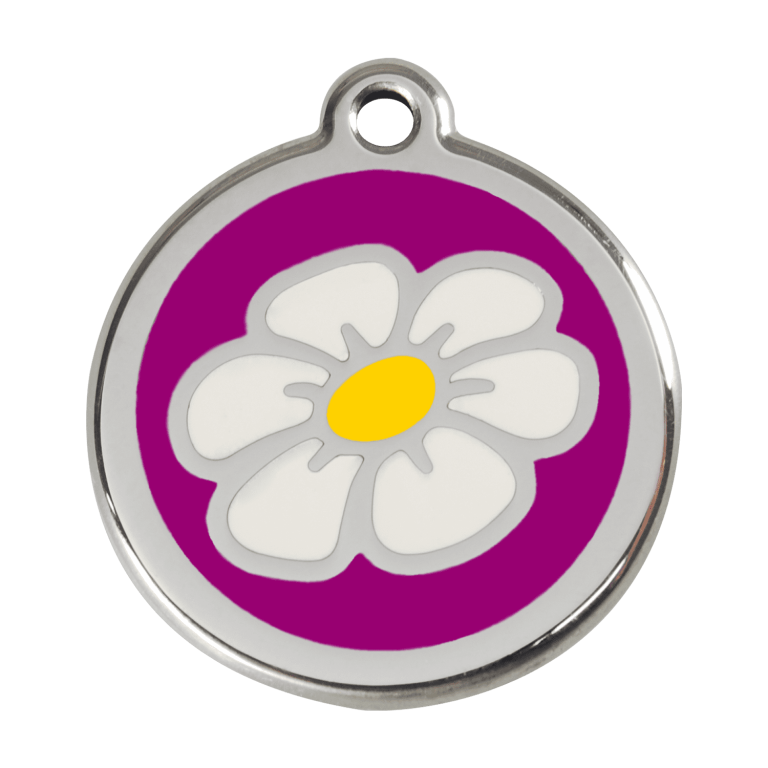 Vue avant - Médaille personnalisée pour chien Red Dingo Émail et acier inoxydable Marguerite Violet - Taille L