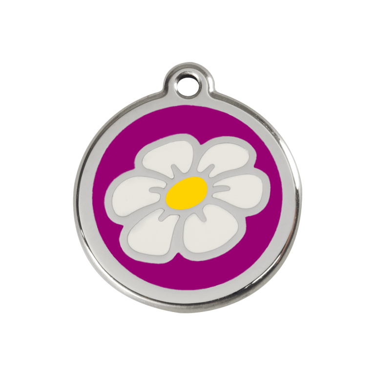 Vue avant - Médaille personnalisée pour chien ou chat - Red Dingo Émail et acier inoxydable Marguerite Violet - Taille M