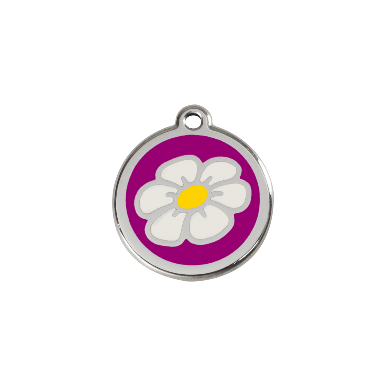 Vue avant - "Médaille personnalisée pour chat ou chien - Red Dingo Émail et acier inoxydable - Marguerite Violet - Taille S"